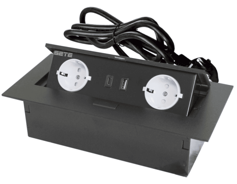 SETE Блок встраиваемый настольный (горизонтальный) 2 гнезда, 1*USB, 1 type C, черный с кабелем